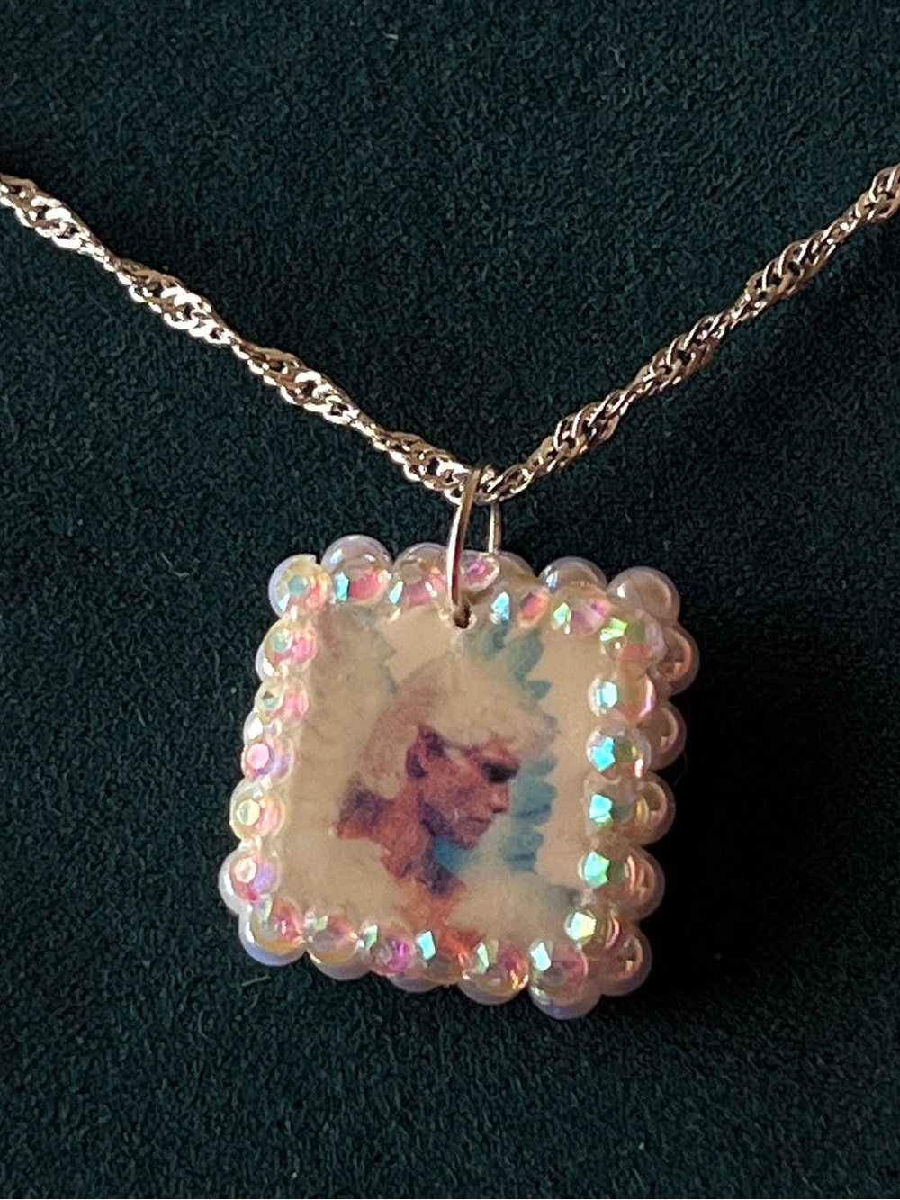 Iridescent Pink Portrait Pendant Necklace with Beaded Frame
